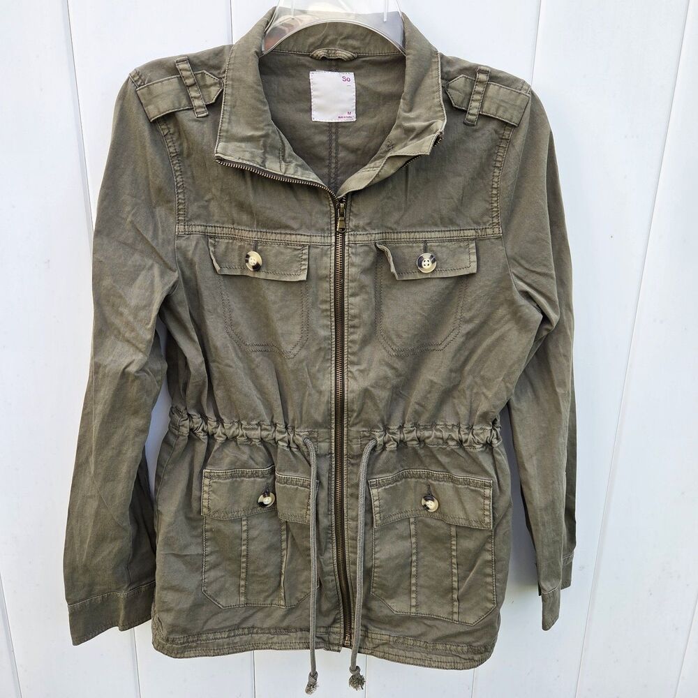 SO Women Green Military Utility Jacket Mid-Length Zip/Button Pockets Size M